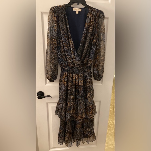 Michael Kors Dresses & Skirts - Michael Kors Tiered Ruffle Long Sleeve Wrap Dress - Navy Floral Large